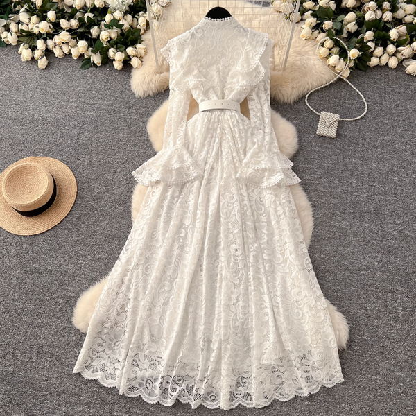 Premium Ruffled Embroidered Lace Shirt Dress
