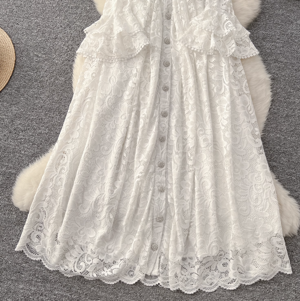 Premium Ruffled Embroidered Lace Shirt Dress