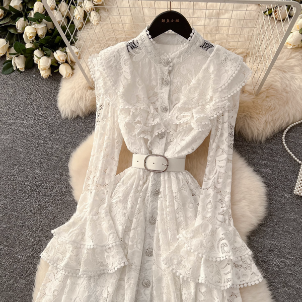 Premium Ruffled Embroidered Lace Shirt Dress