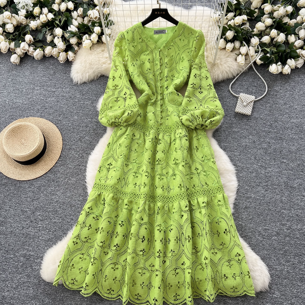 Hollowed Crochet Solid Color Lace Dress