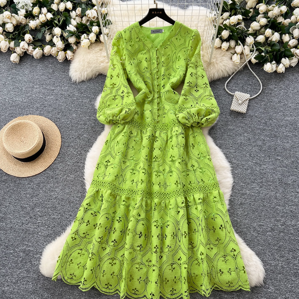Hollowed Crochet Solid Color Lace Dress