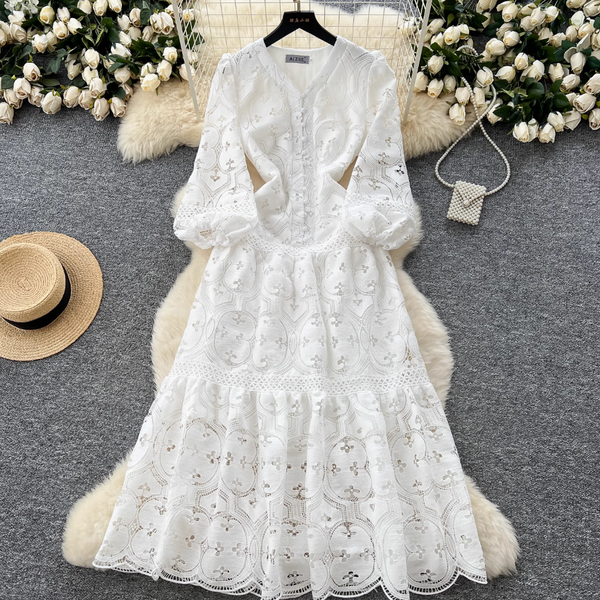 Hollowed Crochet Solid Color Lace Dress