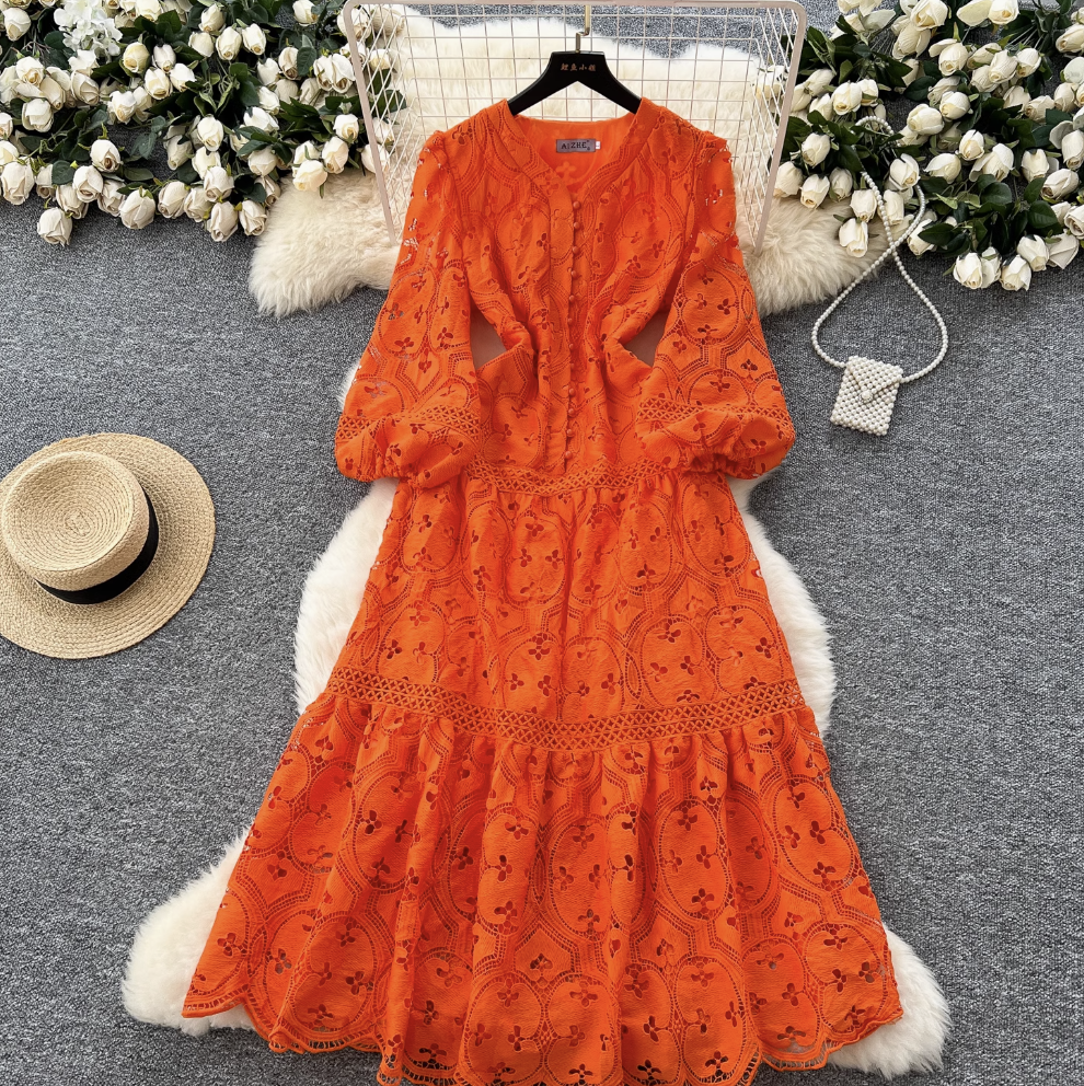Hollowed Crochet Solid Color Lace Dress