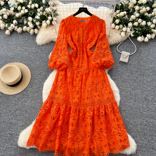 Hollowed Crochet Solid Color Lace Dress