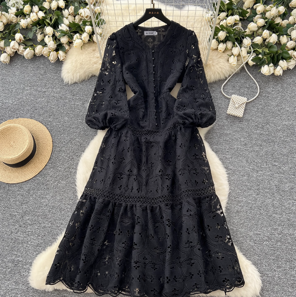 Hollowed Crochet Solid Color Lace Dress