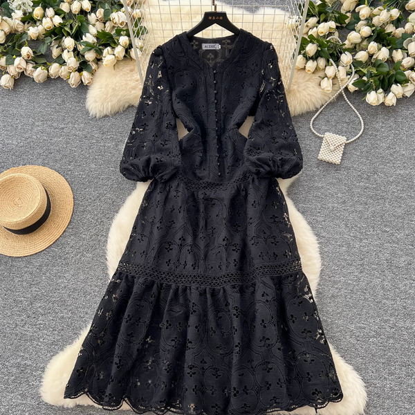 Hollowed Crochet Solid Color Lace Dress