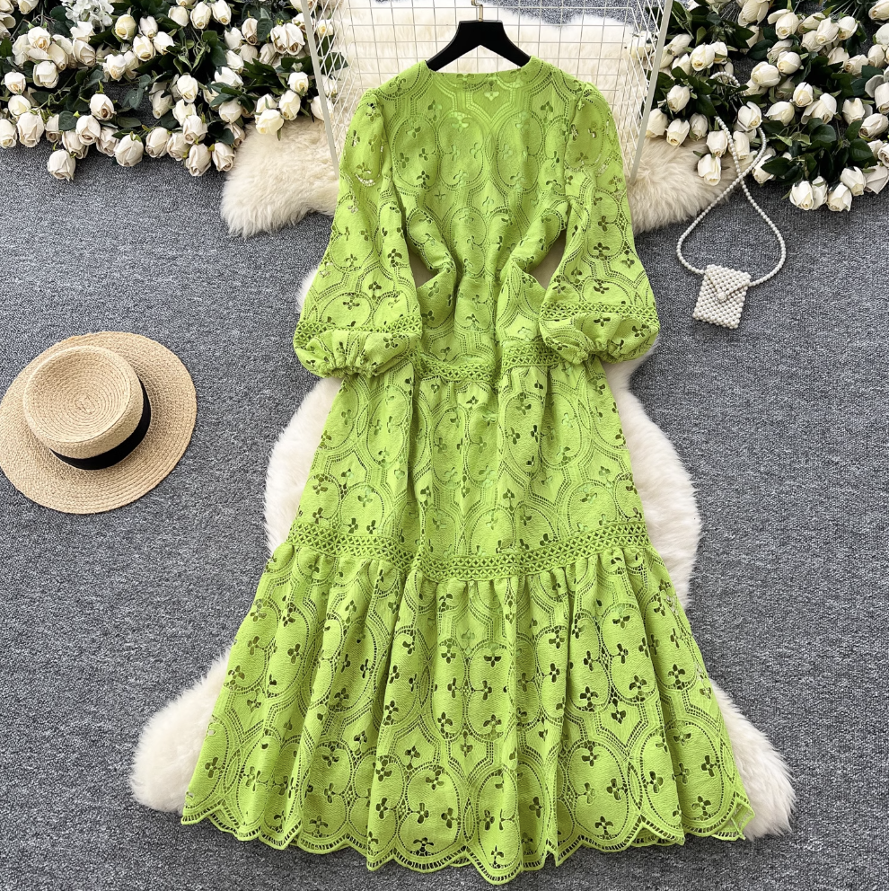 Hollowed Crochet Solid Color Lace Dress