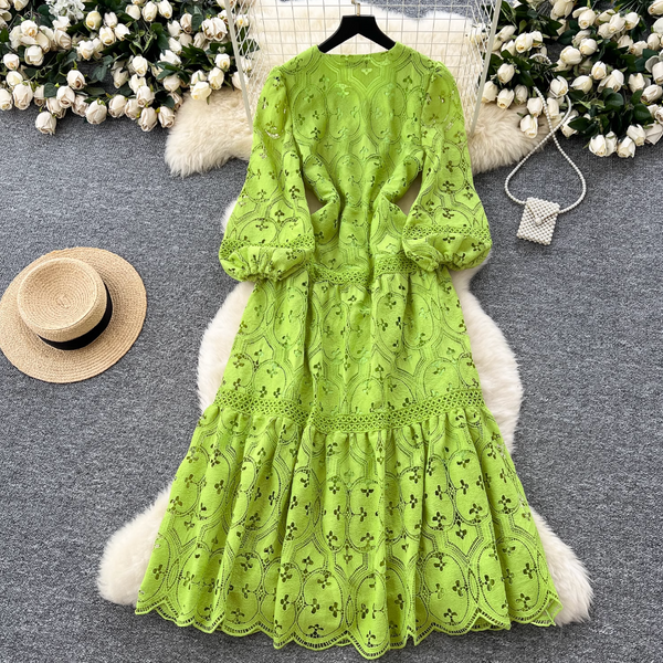 Hollowed Crochet Solid Color Lace Dress