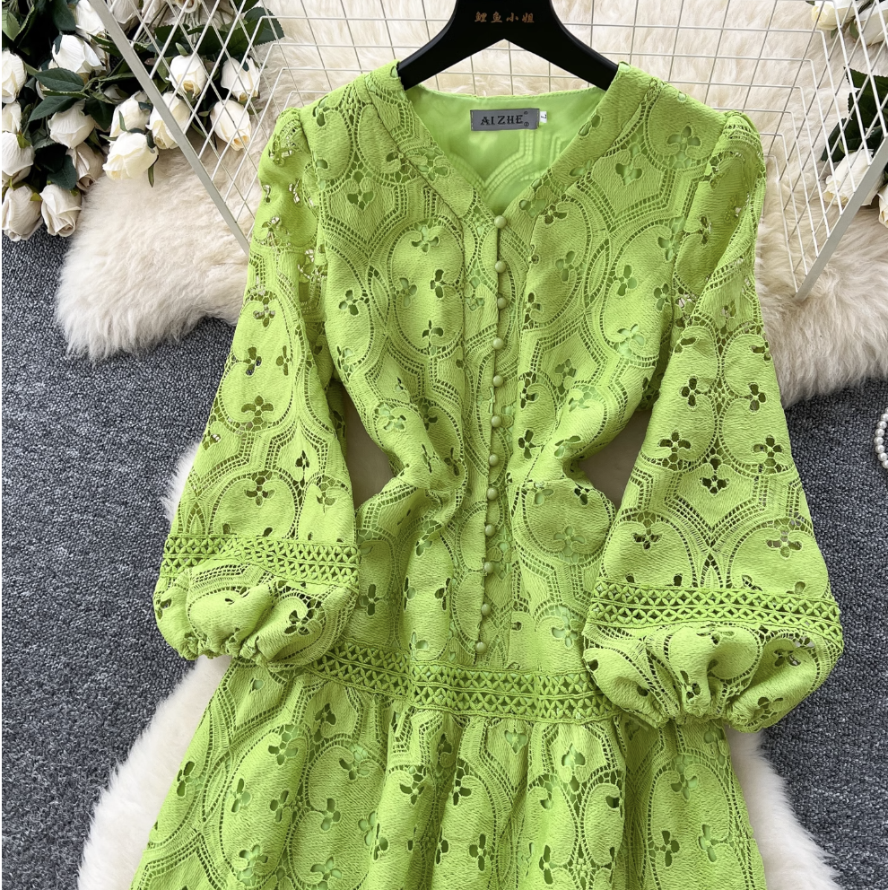 Hollowed Crochet Solid Color Lace Dress