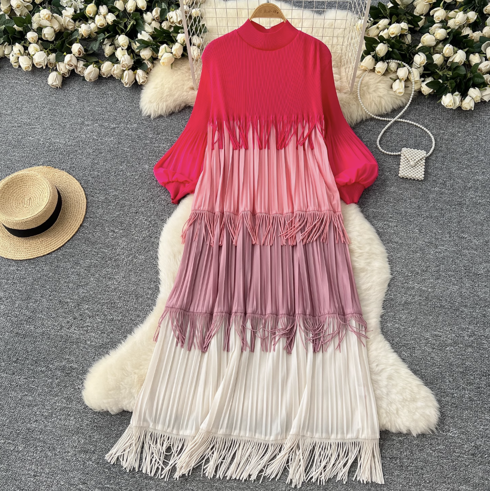 Triple Color Blocking Fringed Dress
