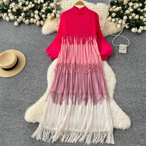 Triple Color Blocking Fringed Dress