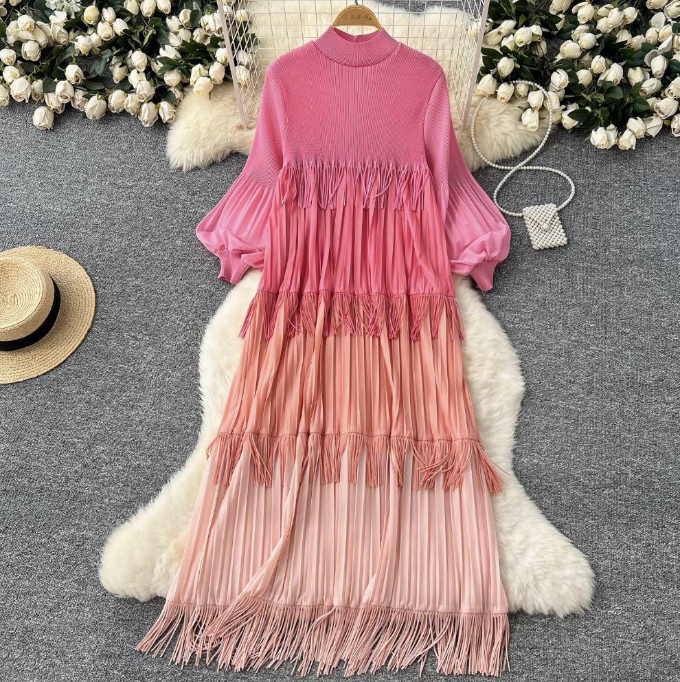 Triple Color Blocking Fringed Dress