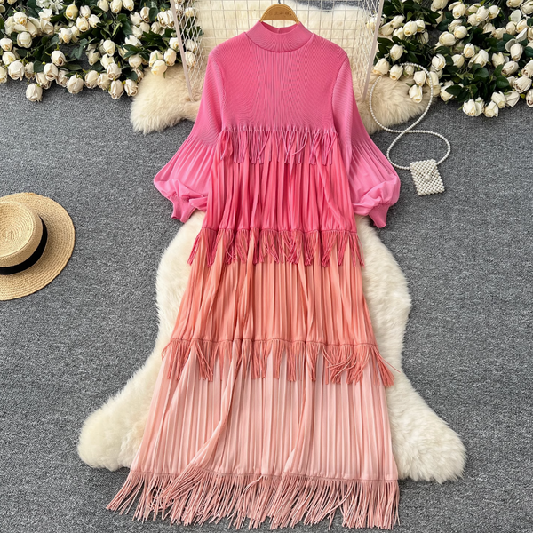 Triple Color Blocking Fringed Dress