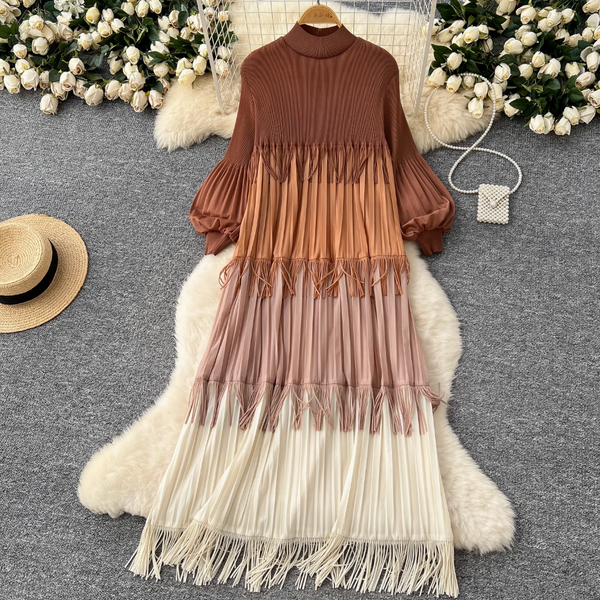 Triple Color Blocking Fringed Dress