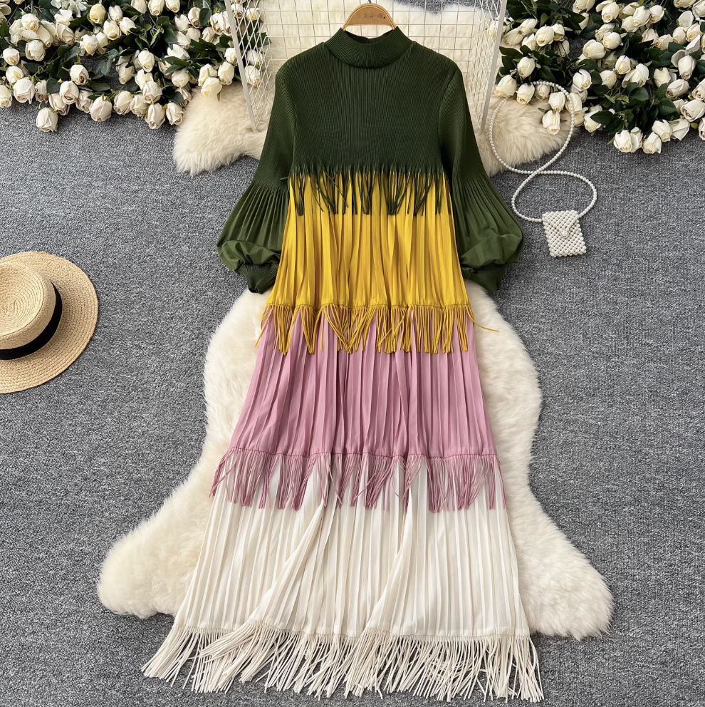Triple Color Blocking Fringed Dress