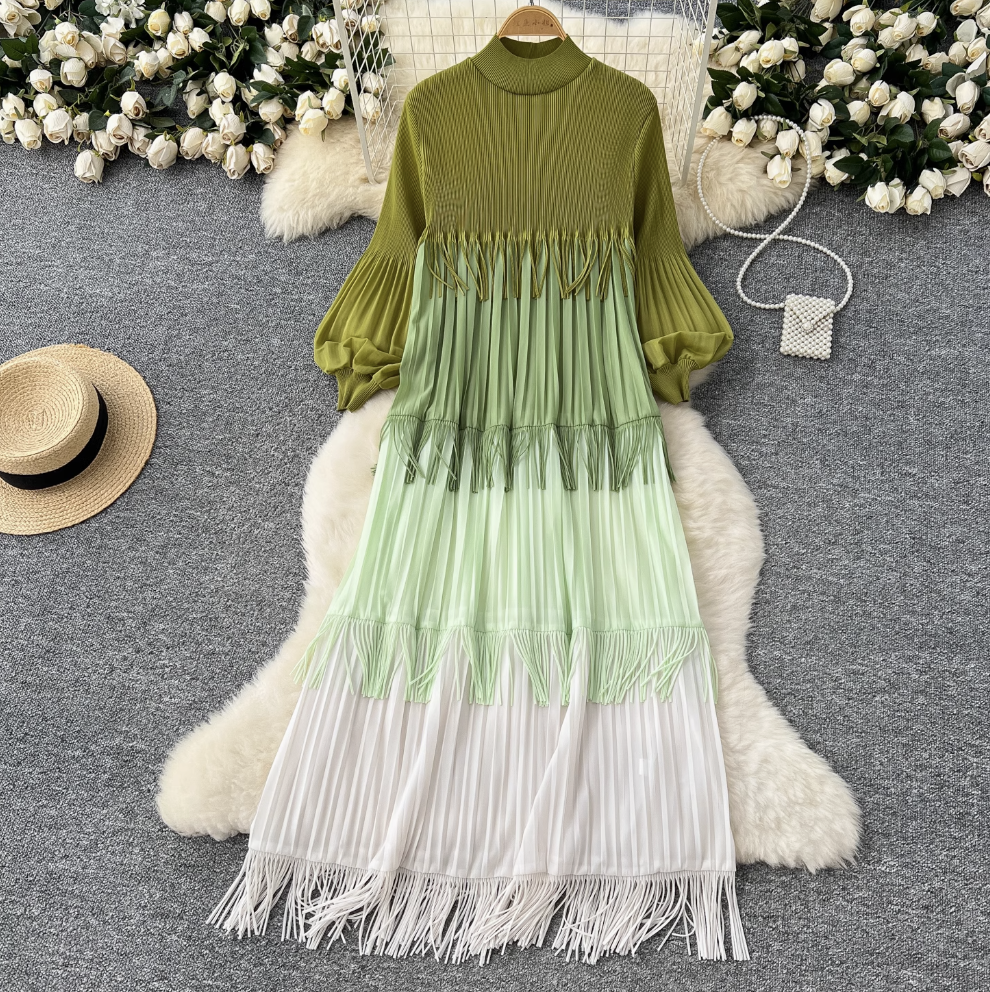 Triple Color Blocking Fringed Dress