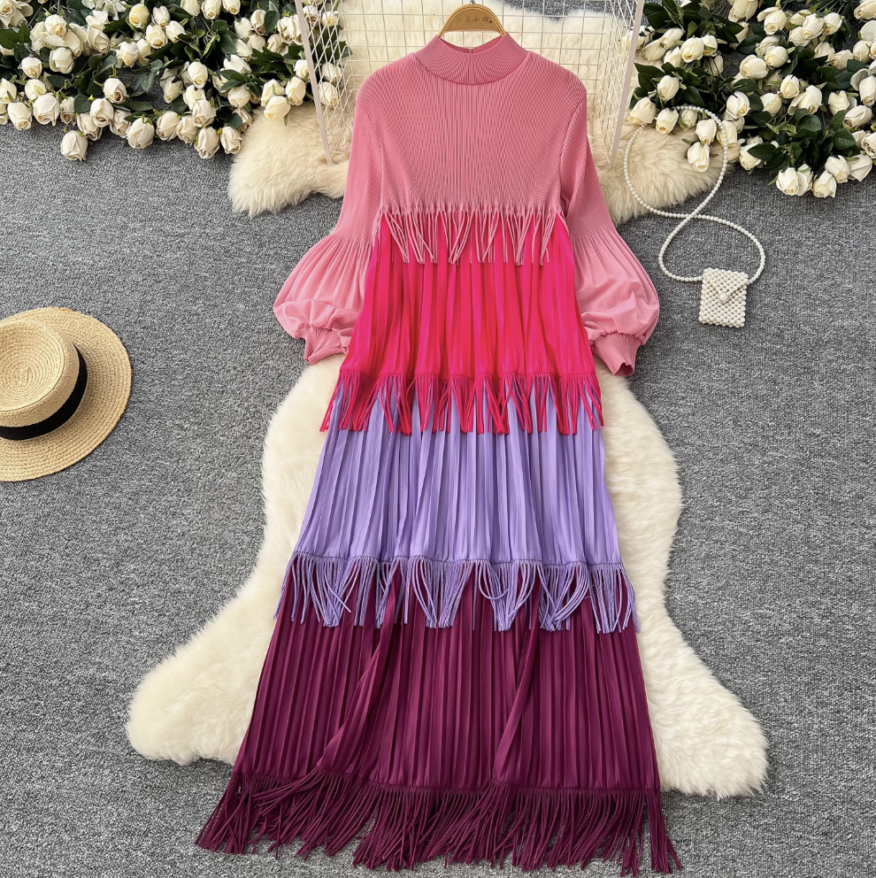 Triple Color Blocking Fringed Dress