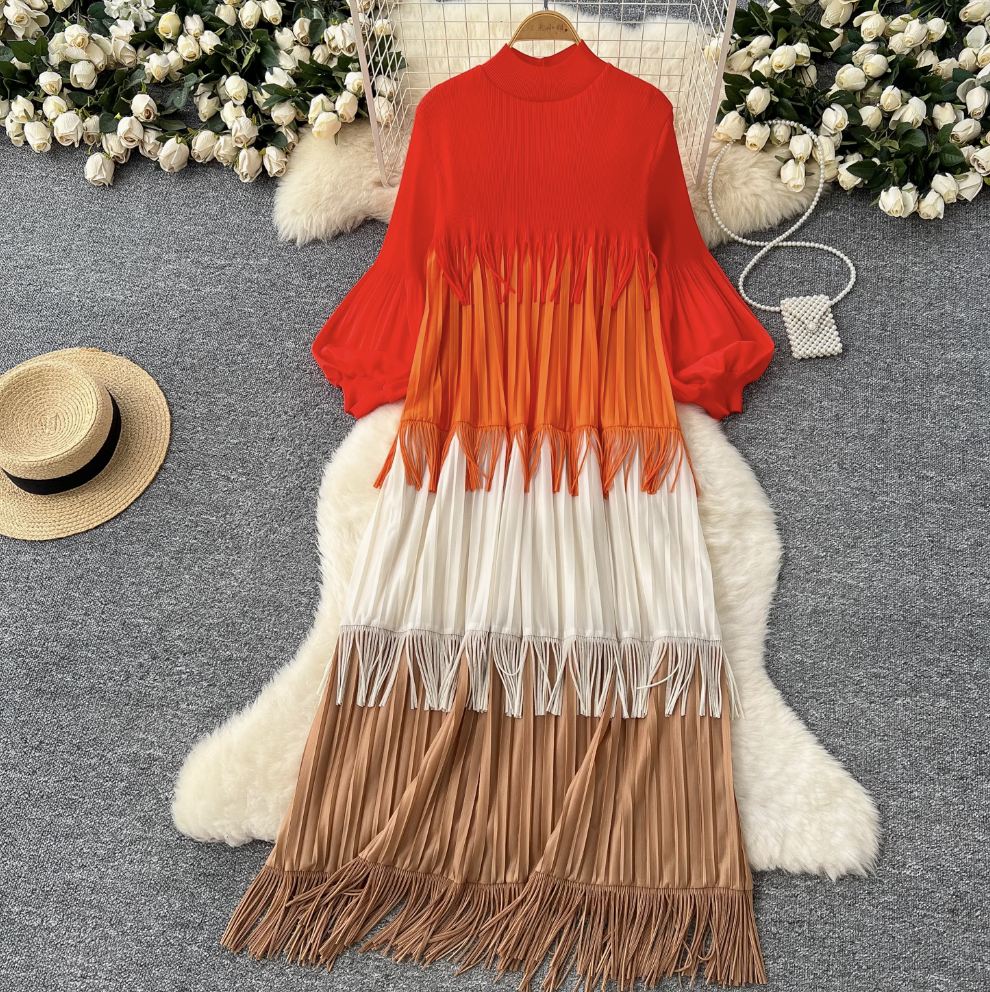 Triple Color Blocking Fringed Dress