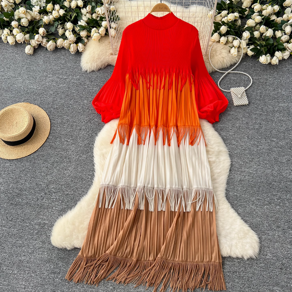 Triple Color Blocking Fringed Dress