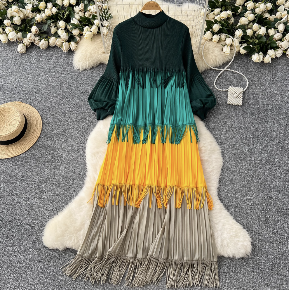 Triple Color Blocking Fringed Dress