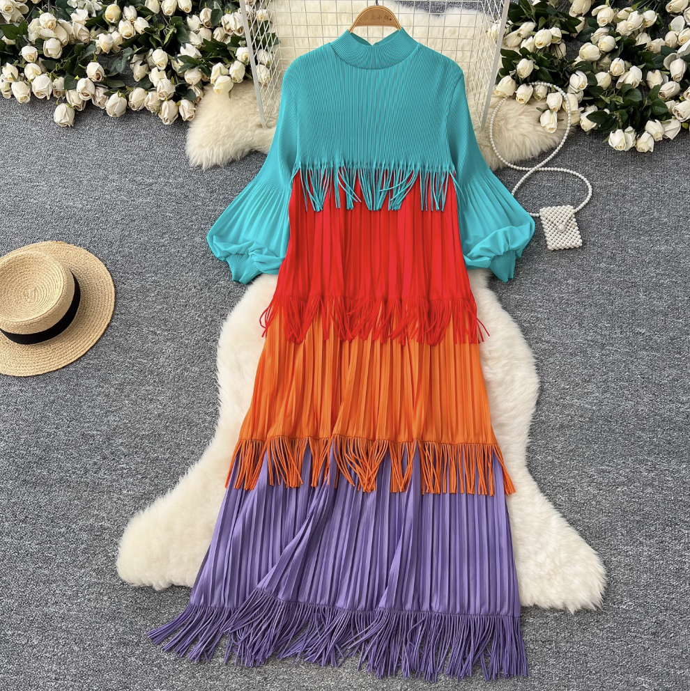 Triple Color Blocking Fringed Dress