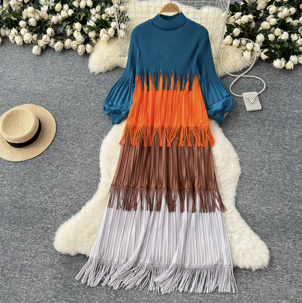 Triple Color Blocking Fringed Dress