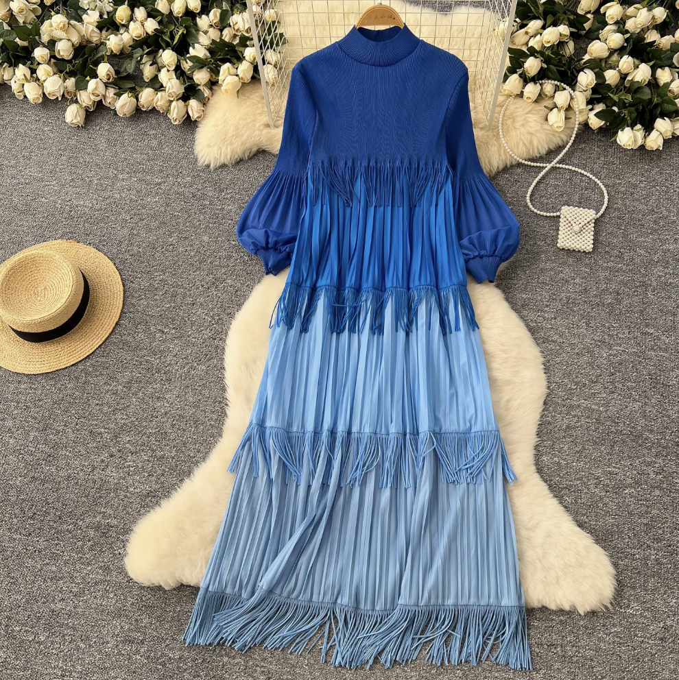 Triple Color Blocking Fringed Dress