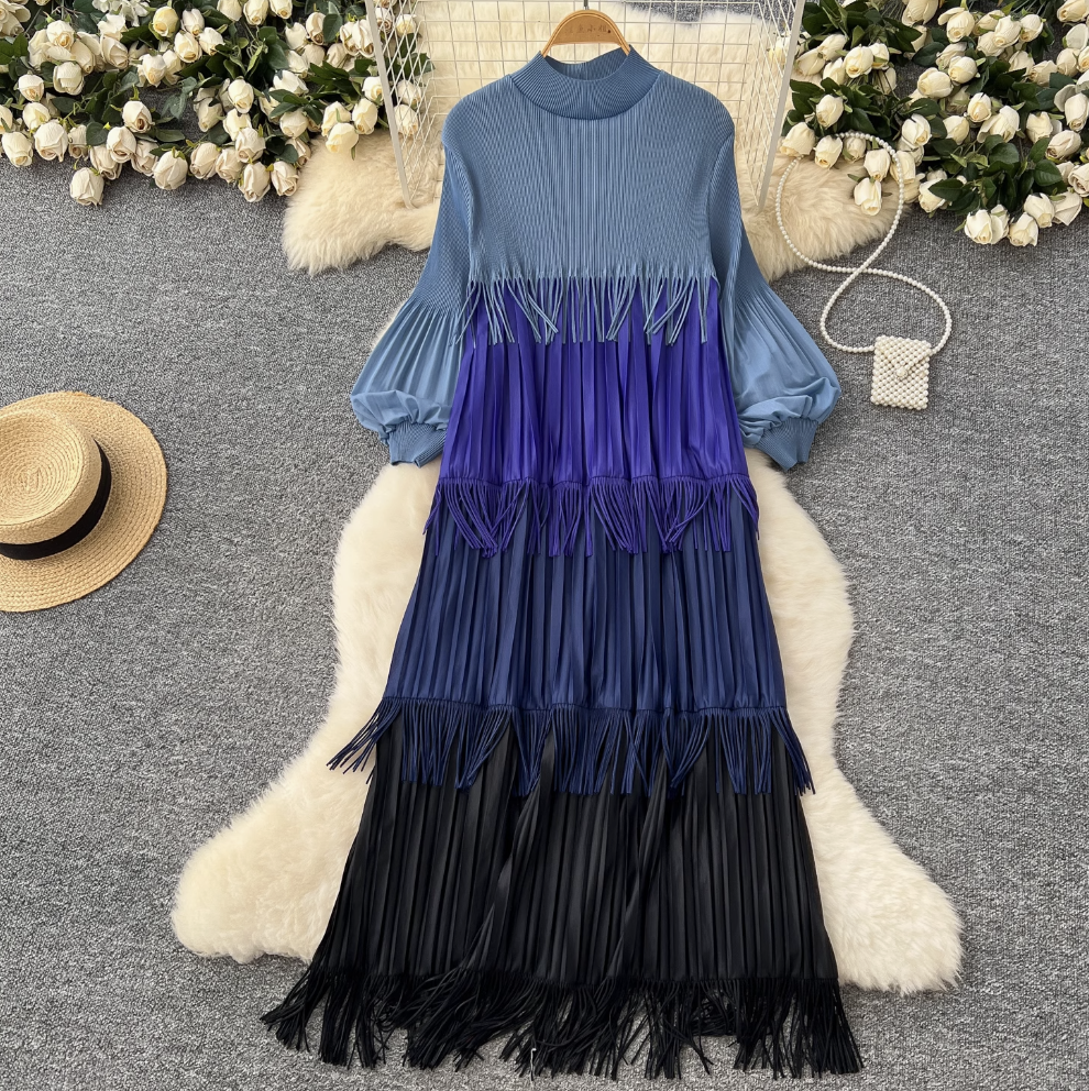 Triple Color Blocking Fringed Dress