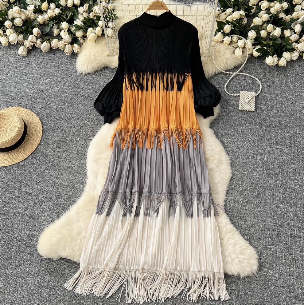 Triple Color Blocking Fringed Dress