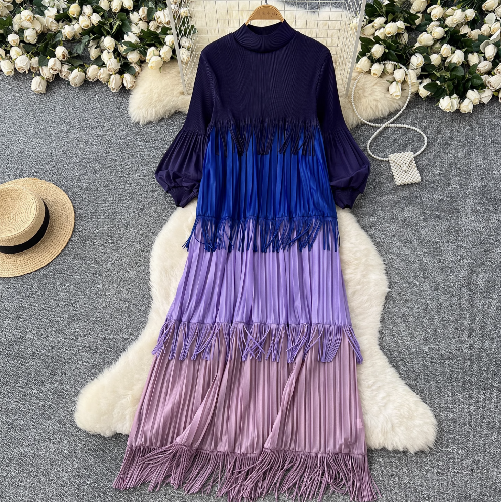 Triple Color Blocking Fringed Dress