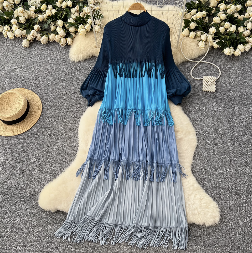 Triple Color Blocking Fringed Dress