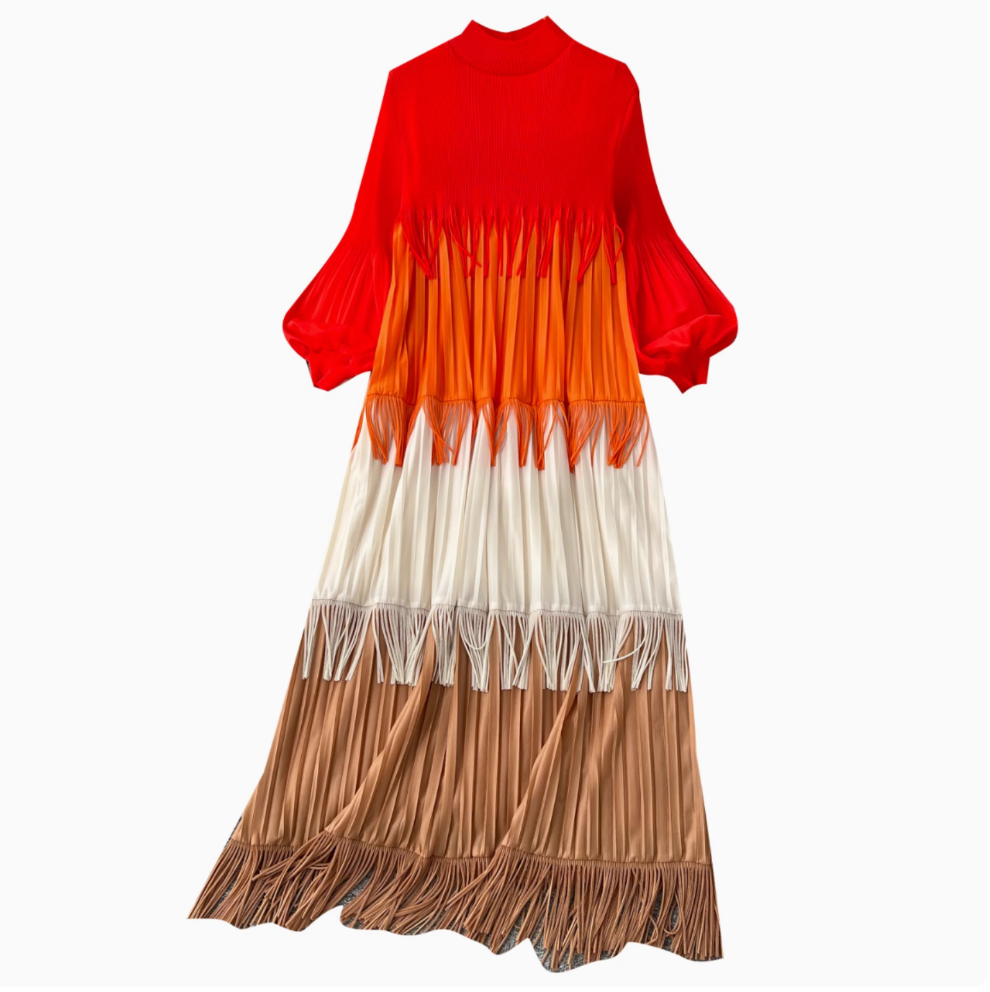 Triple Color Blocking Fringed Dress