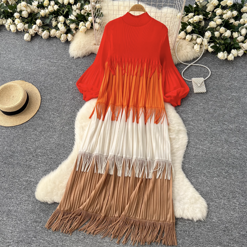 Triple Color Blocking Fringed Dress