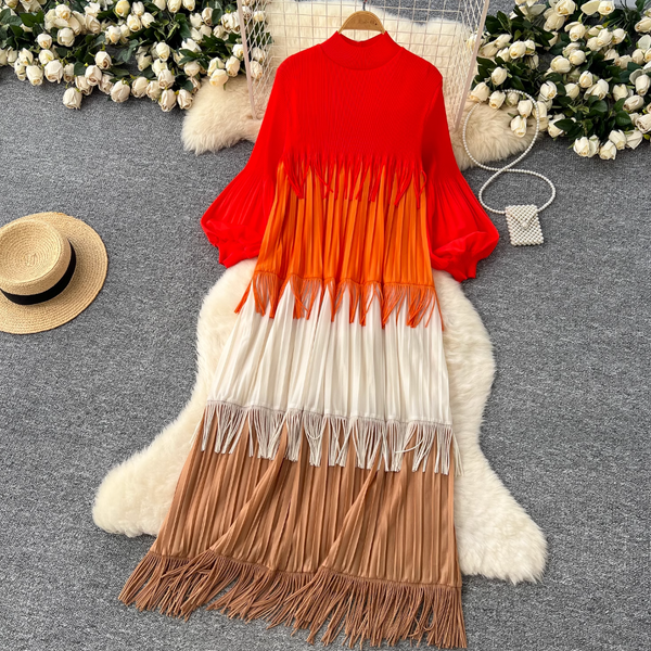 Triple Color Blocking Fringed Dress