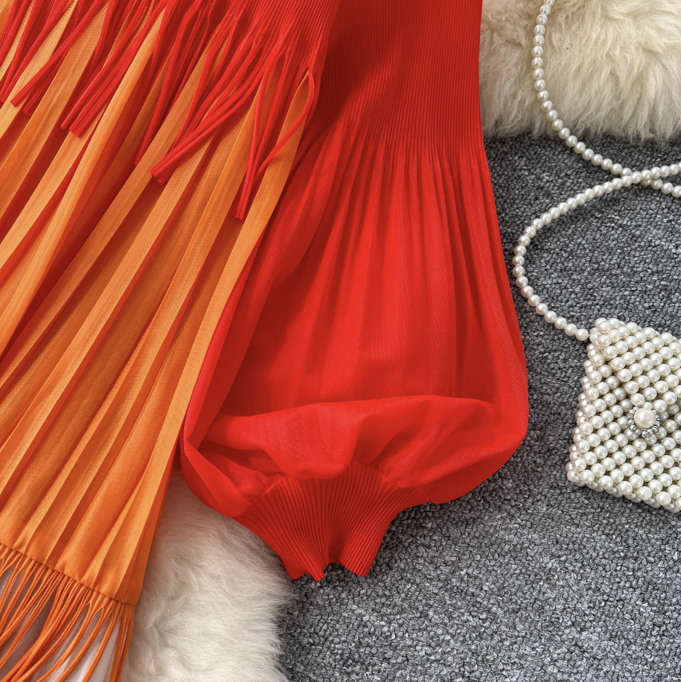 Triple Color Blocking Fringed Dress