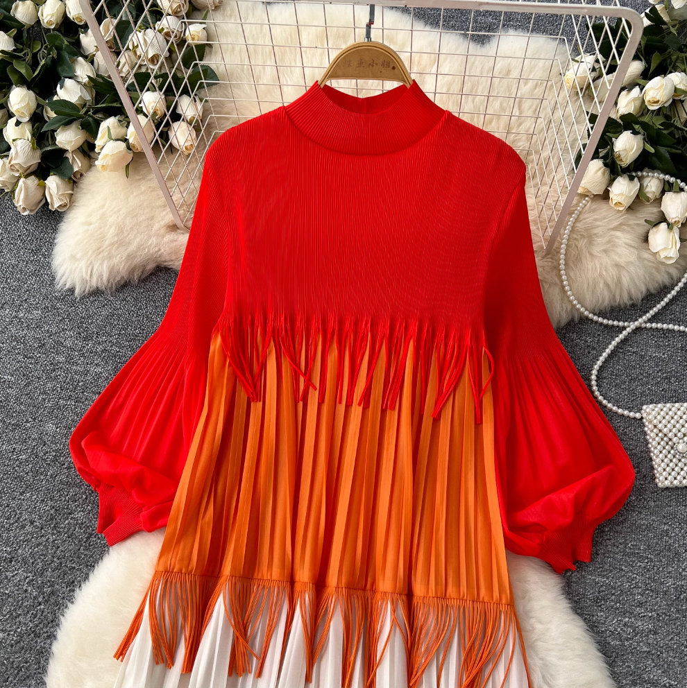 Triple Color Blocking Fringed Dress