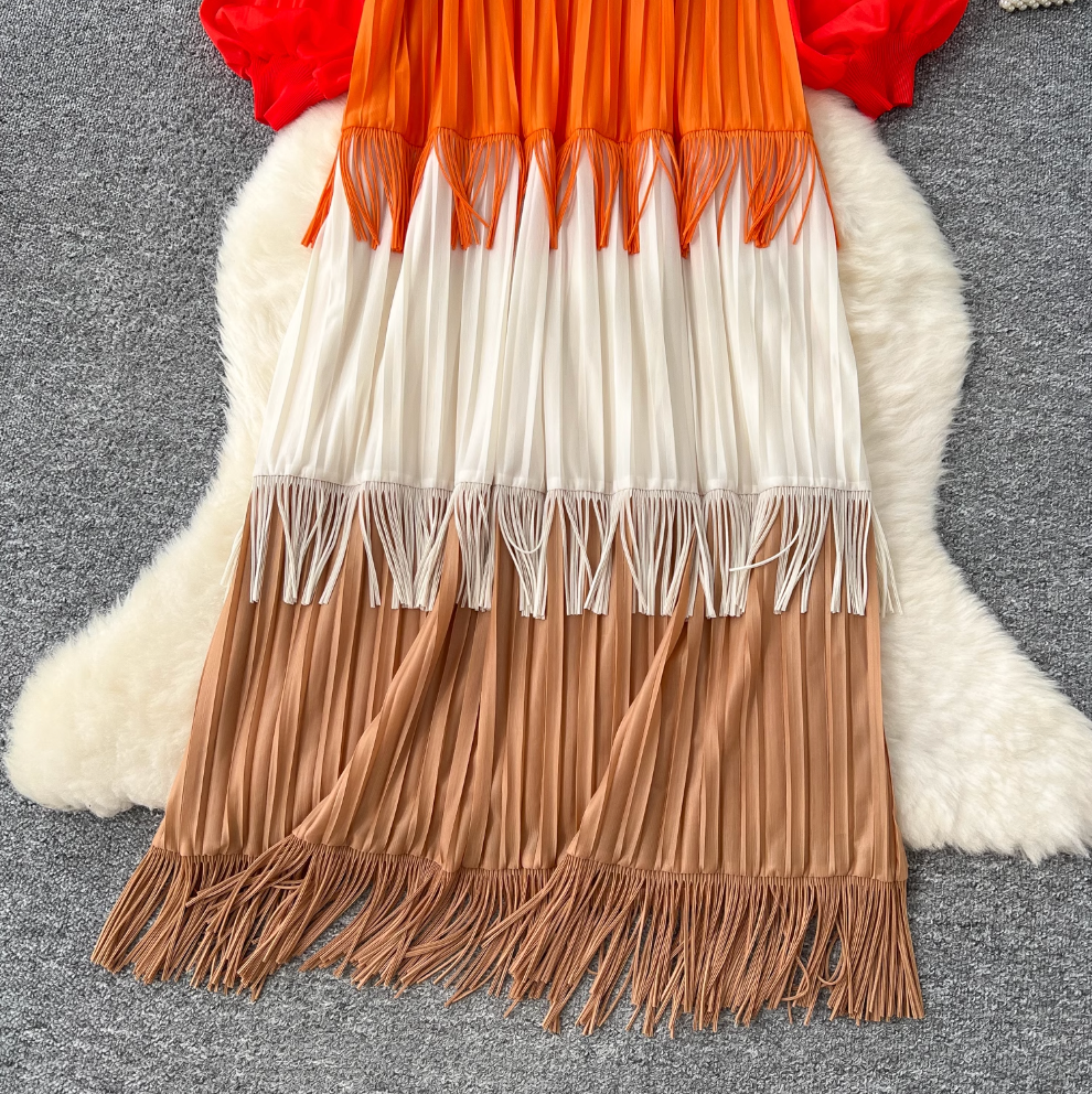 Triple Color Blocking Fringed Dress