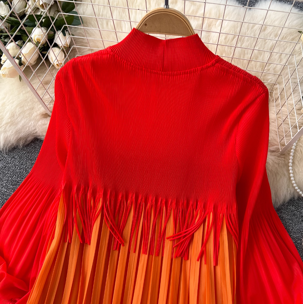 Triple Color Blocking Fringed Dress