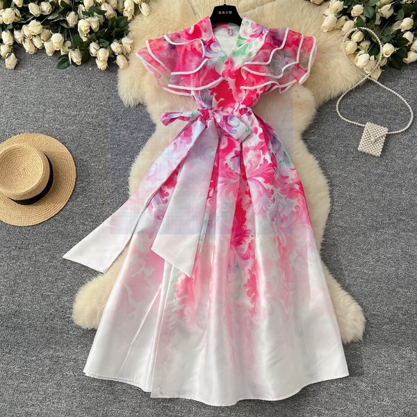 Courtly Floral Printed Ruffled Sleeve Dress