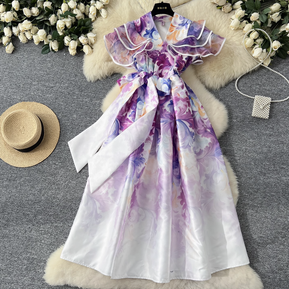 Courtly Floral Printed Ruffled Sleeve Dress