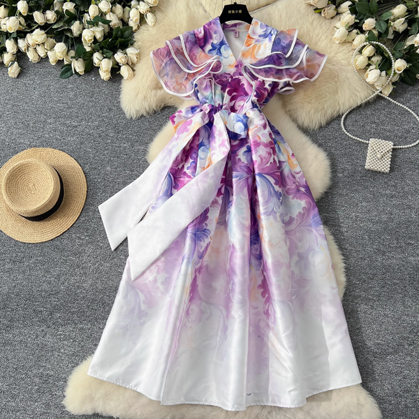 Courtly Floral Printed Ruffled Sleeve Dress