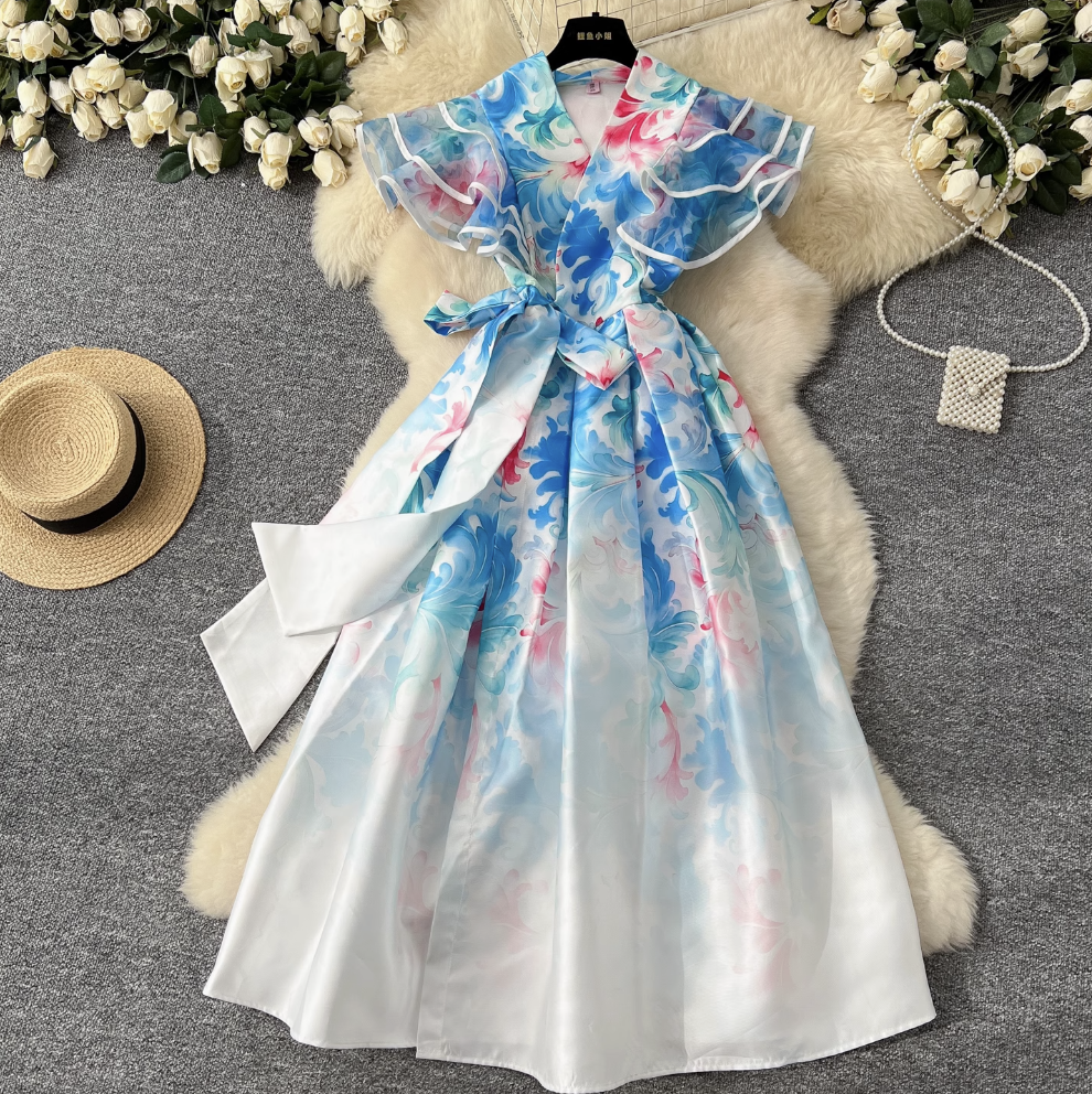 Courtly Floral Printed Ruffled Sleeve Dress