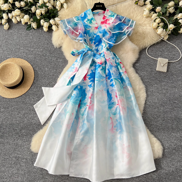 Courtly Floral Printed Ruffled Sleeve Dress