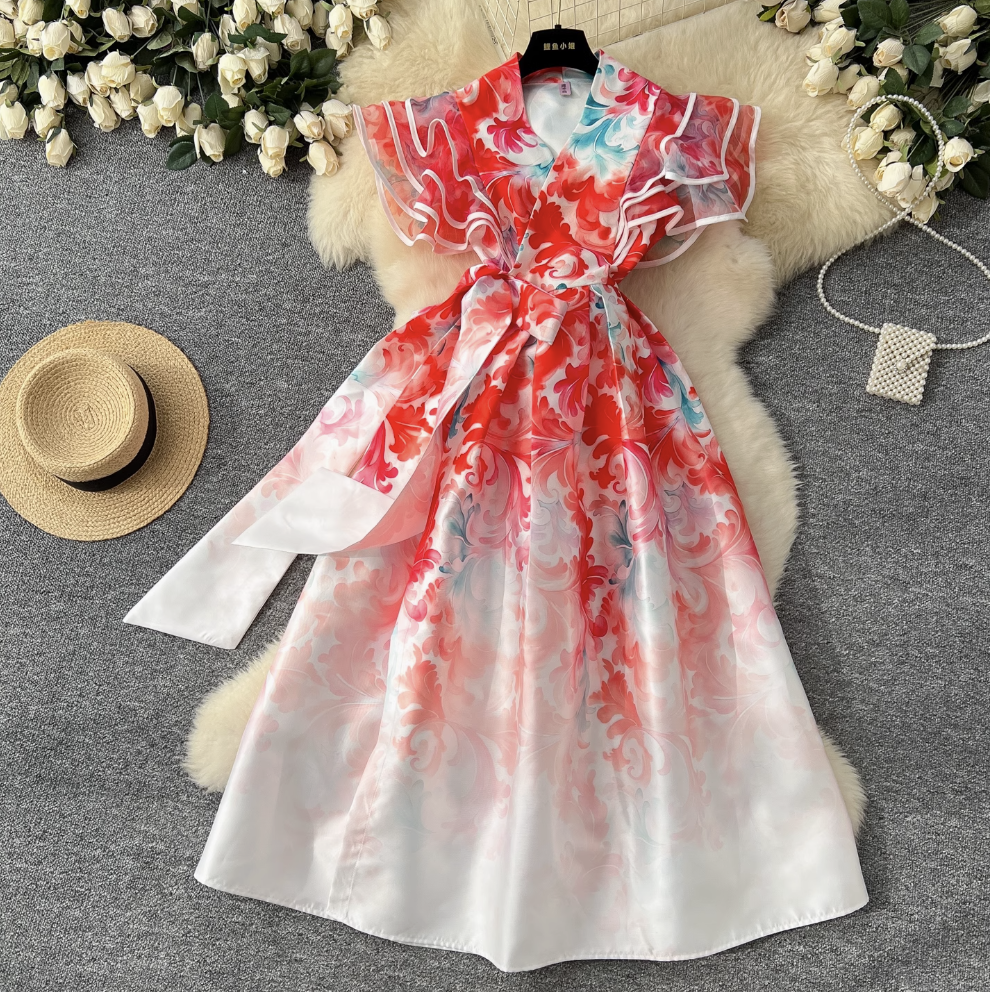 Courtly Floral Printed Ruffled Sleeve Dress