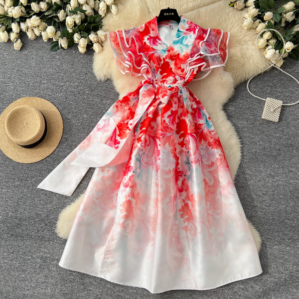 Courtly Floral Printed Ruffled Sleeve Dress