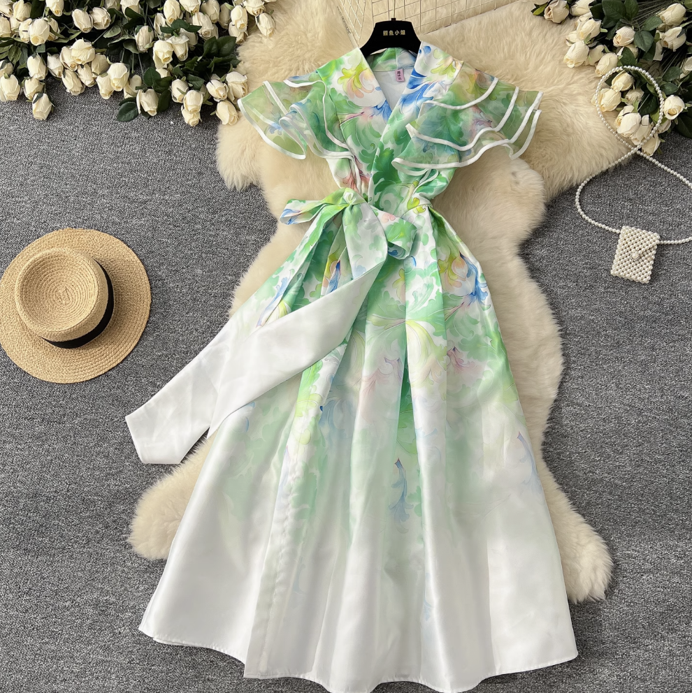Courtly Floral Printed Ruffled Sleeve Dress