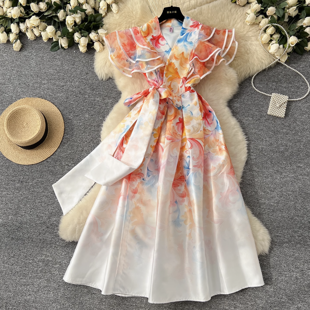 Courtly Floral Printed Ruffled Sleeve Dress