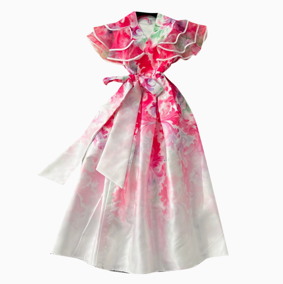 Courtly Floral Printed Ruffled Sleeve Dress