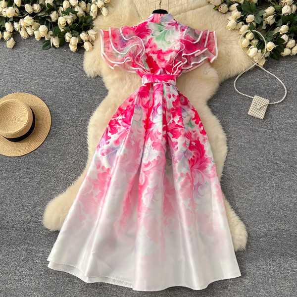 Courtly Floral Printed Ruffled Sleeve Dress