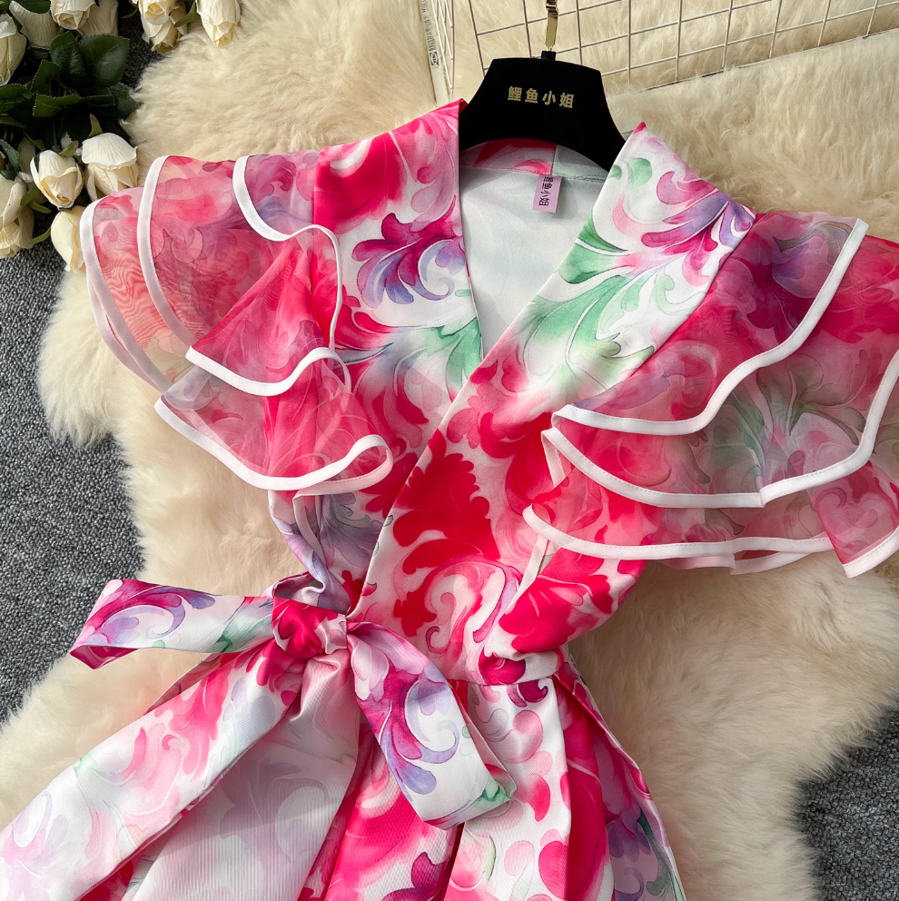 Courtly Floral Printed Ruffled Sleeve Dress